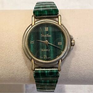 Vtg SELECTIME Faux Green Malachite Wristwatch Expansion Band Gold Tone READ